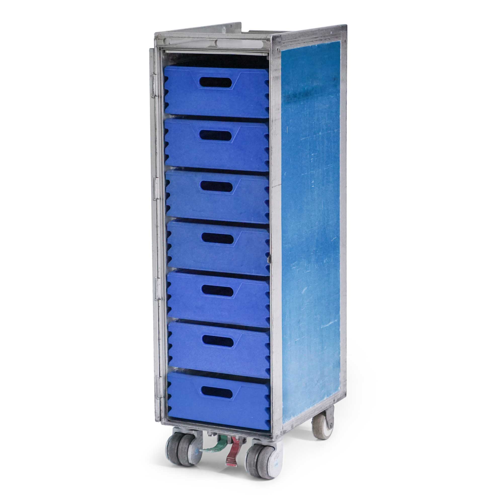 gebrauchter-original-klm-flugzeugtrolley-blau-103cm-ausstattung-21_Bild1 Original KLM Flugzeugtrolley gebraucht mit 7 blaue gebrauchte Kunststoffeinschübe