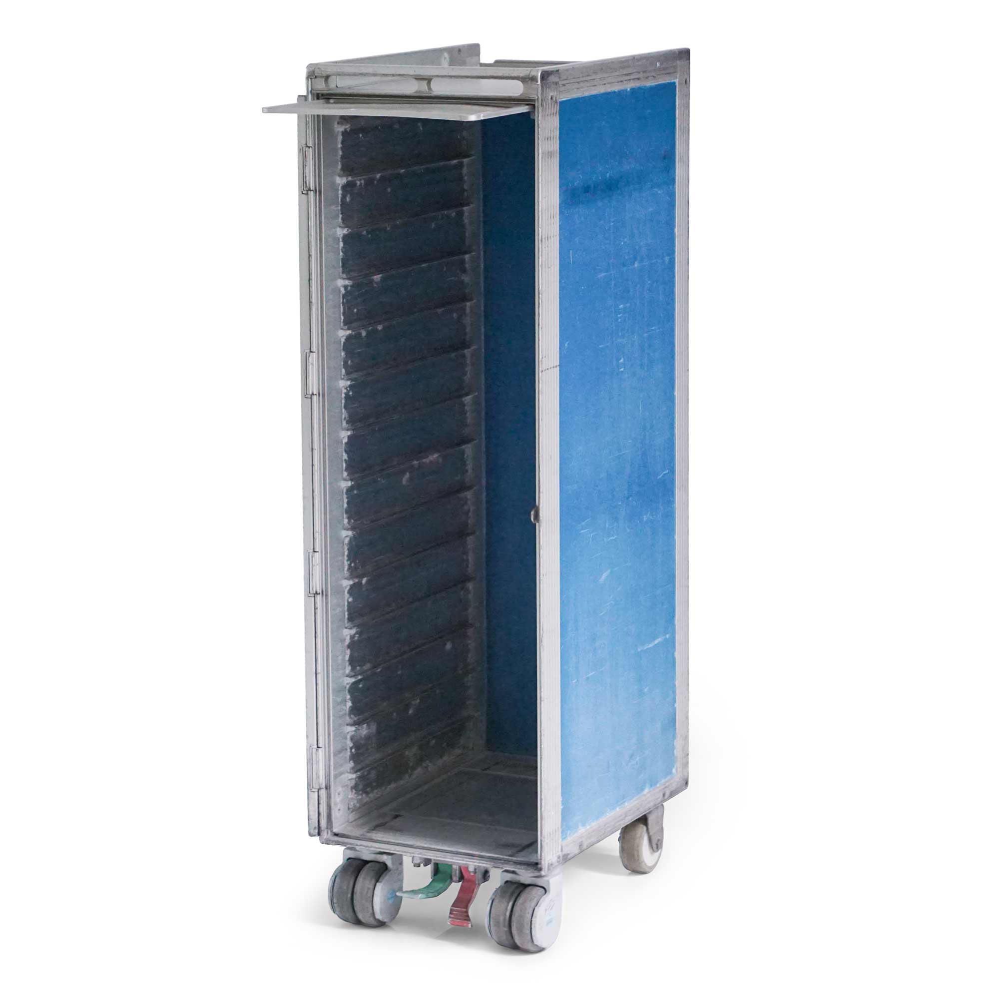 gebrauchter-original-klm-flugzeugtrolley-blau-ohne-ausstattung gebrauchter KLM Flugzeugtrolley ohne Ausstattung mit offener Tür