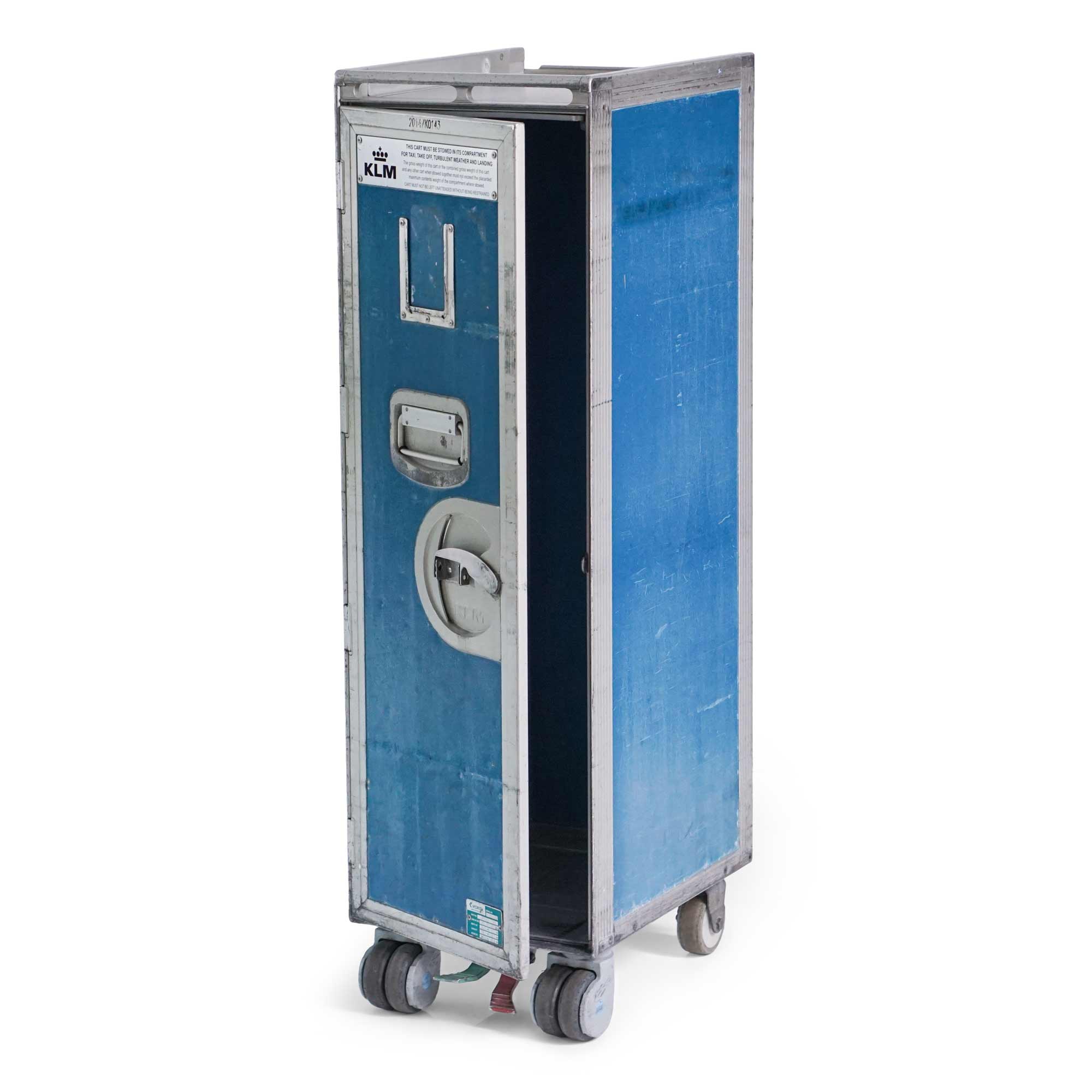 Original KLM Flugzeugtrolley gebraucht in Blau, 103 cm, geschlossene Tür mit leicht geöffneter Tür