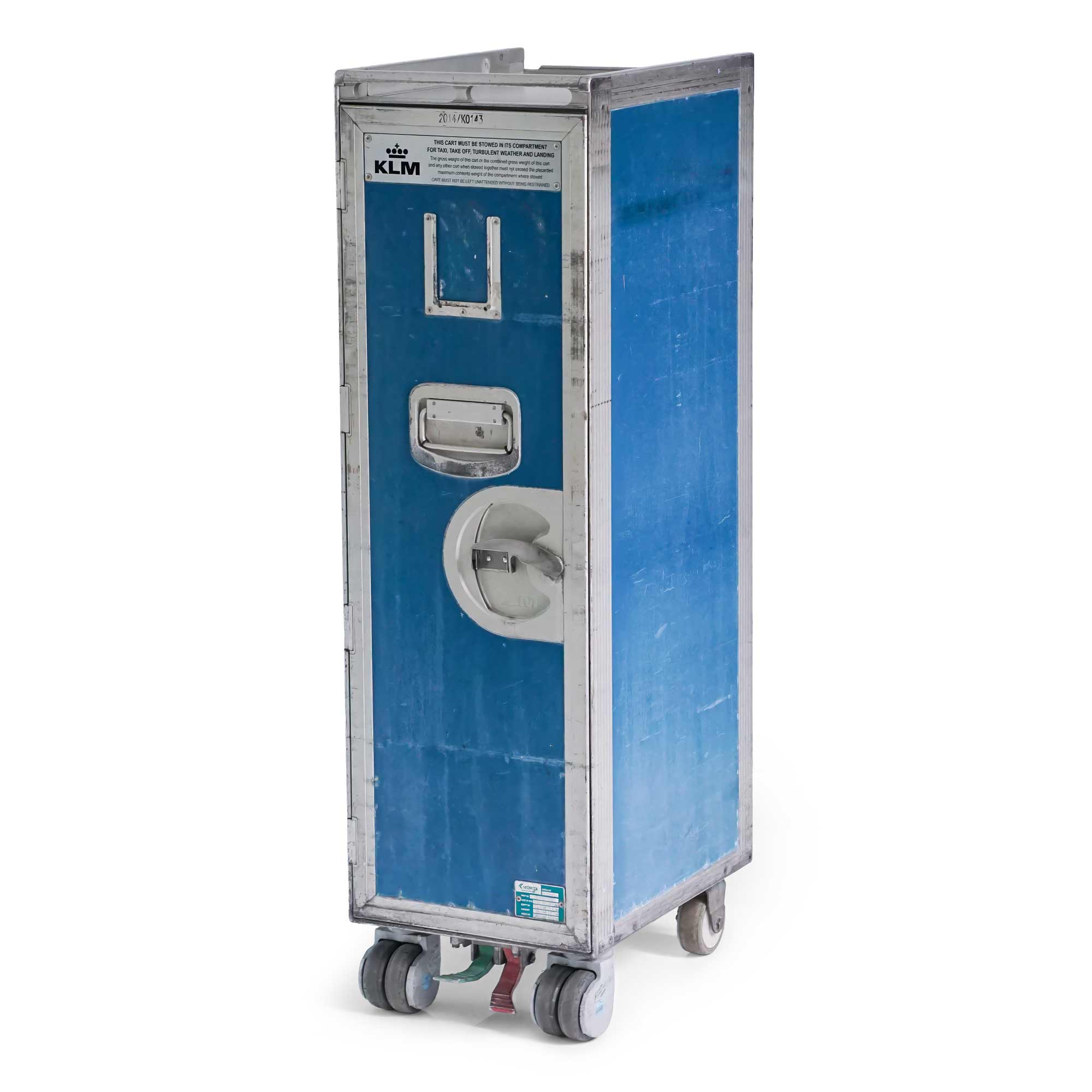 Original KLM Flugzeugtrolley gebraucht in Blau, 103 cm, geschlossene Tür mit KLM-Plakette